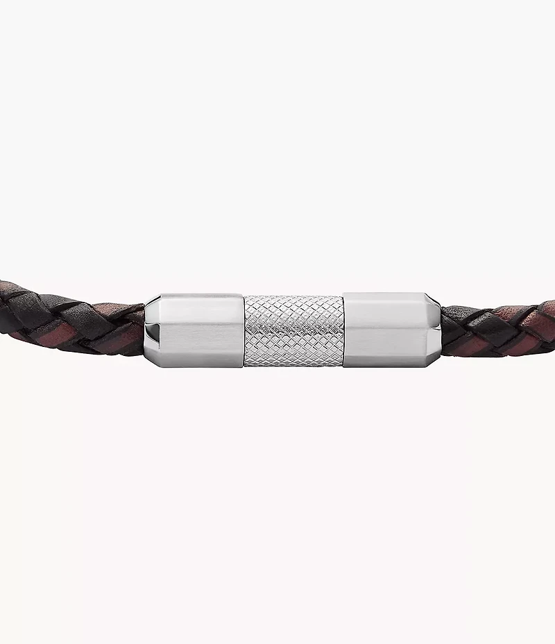 Machine Knurled Texture Leather and Stainless Steel Station Bracelet