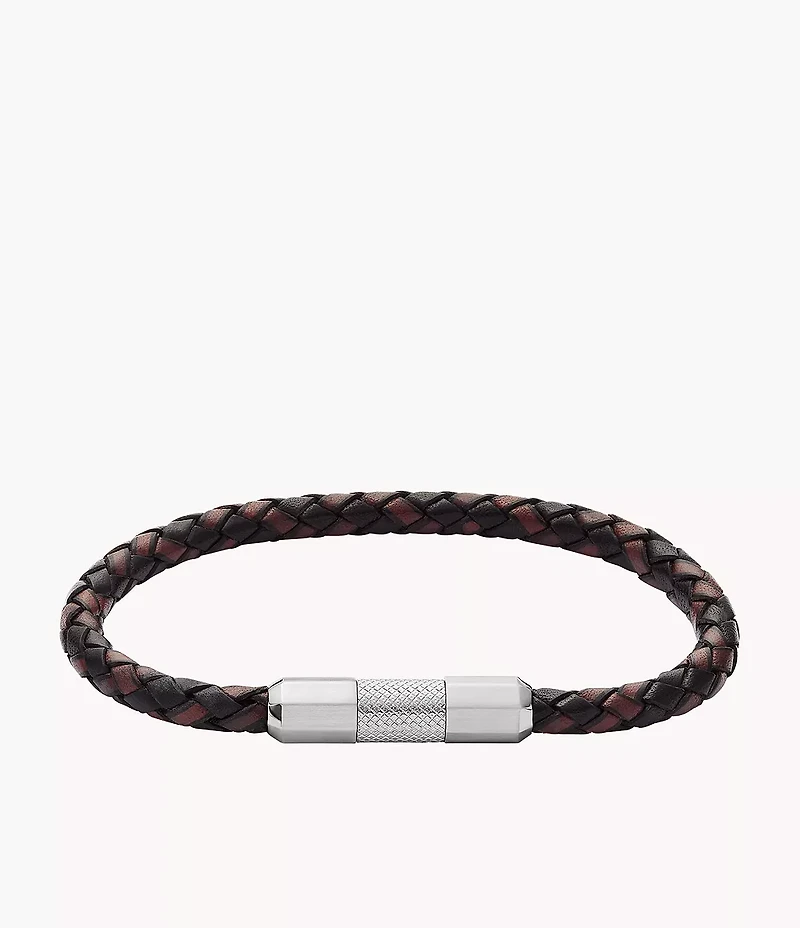 Machine Knurled Texture Leather and Stainless Steel Station Bracelet