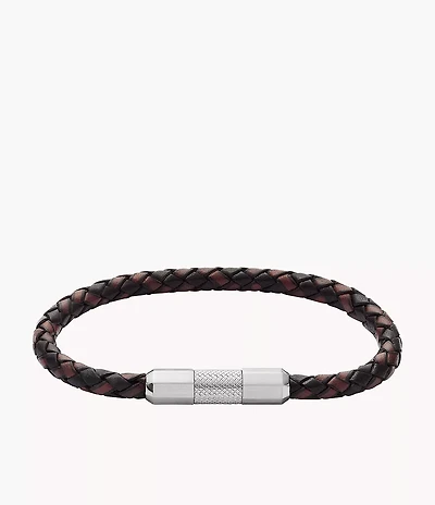 Machine Knurled Texture Leather and Stainless Steel Station Bracelet