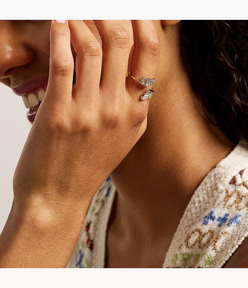 Sutton Pavé Butterfly Gold-Tone Stainless Steel Stack Ring