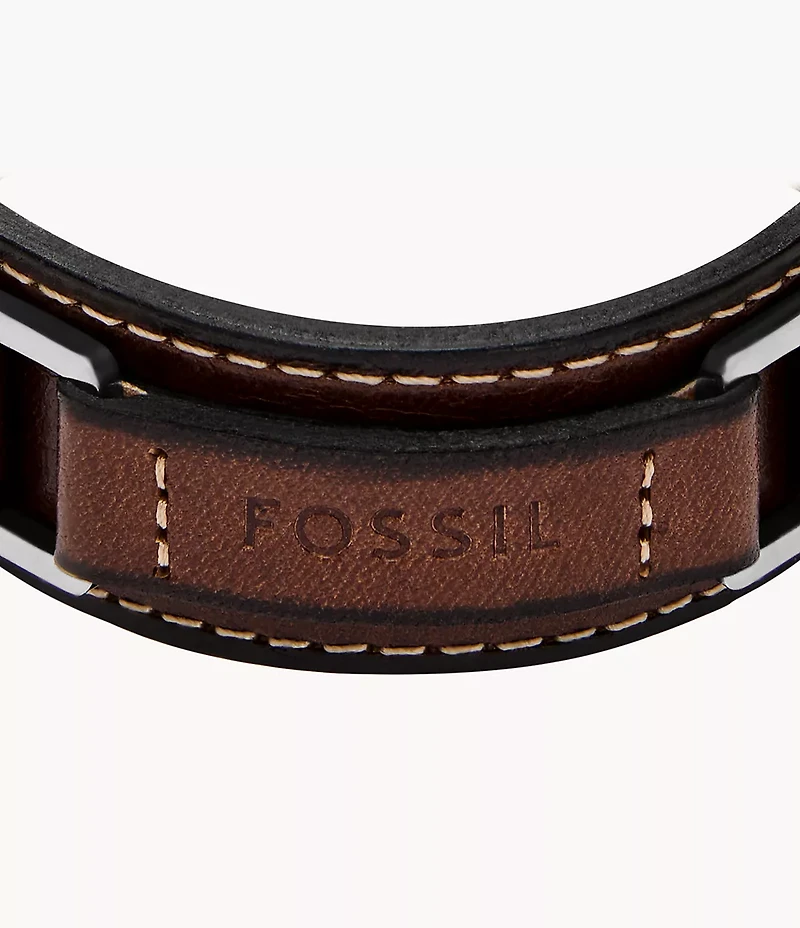 Machine Rugged Stainless Steel and Brown Padded Leather Strap Bracelet