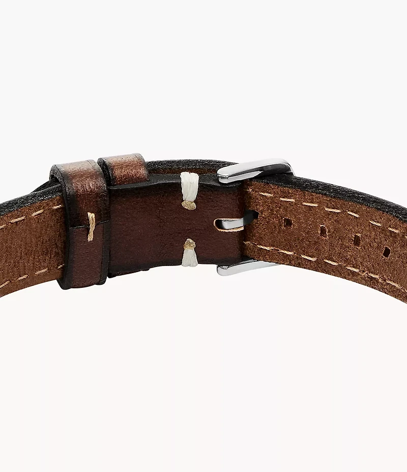 Machine Rugged Stainless Steel and Brown Padded Leather Strap Bracelet
