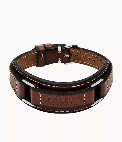 Machine Rugged Stainless Steel and Brown Padded Leather Strap Bracelet