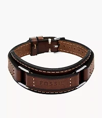 Machine Rugged Stainless Steel and Brown Padded Leather Strap Bracelet