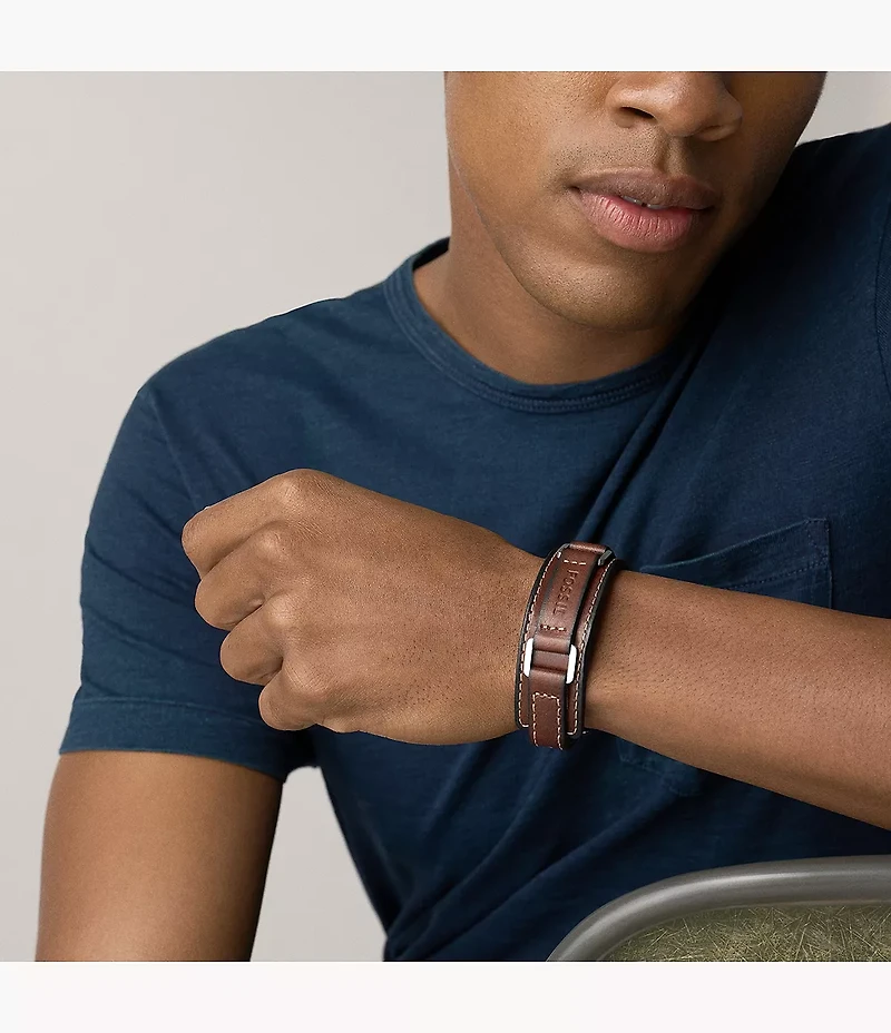 Machine Rugged Stainless Steel and Brown Padded Leather Strap Bracelet