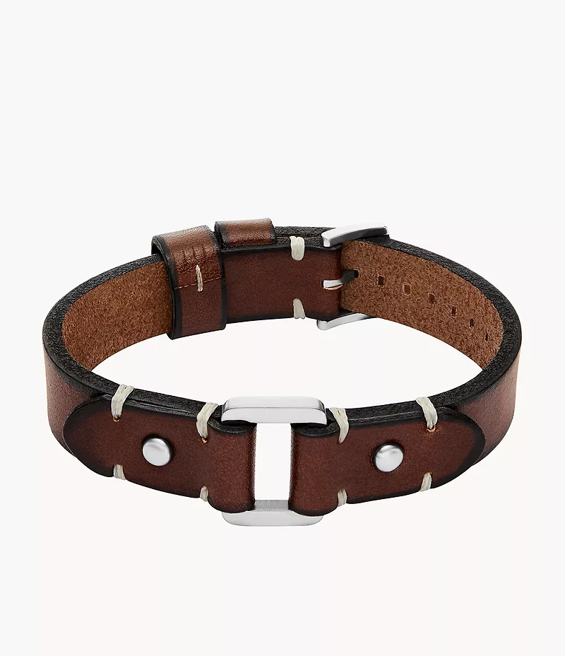 Machine Rugged Stainless Steel and Brown Leather Strap Bracelet