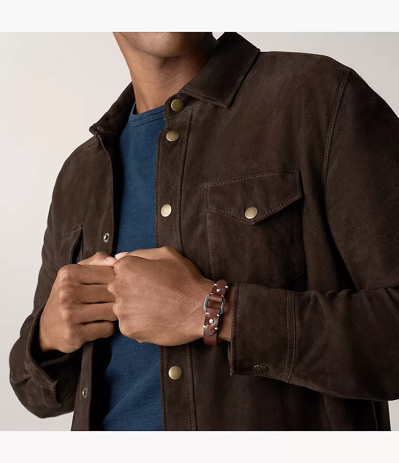 Machine Rugged Stainless Steel and Brown Leather Strap Bracelet