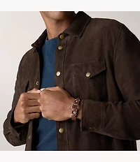 Machine Rugged Stainless Steel and Brown Leather Strap Bracelet