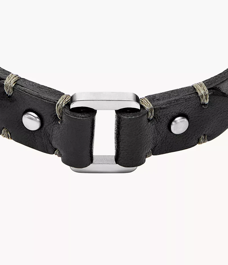 Machine Rugged Stainless Steel and Black Leather Strap Bracelet