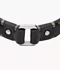 Machine Rugged Stainless Steel and Black Leather Strap Bracelet