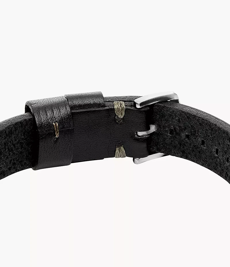 Machine Rugged Stainless Steel and Black Leather Strap Bracelet