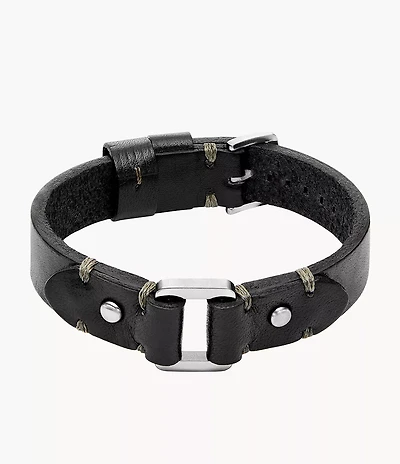 Machine Rugged Stainless Steel and Black Leather Strap Bracelet
