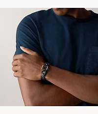 Machine Rugged Stainless Steel and Black Leather Strap Bracelet