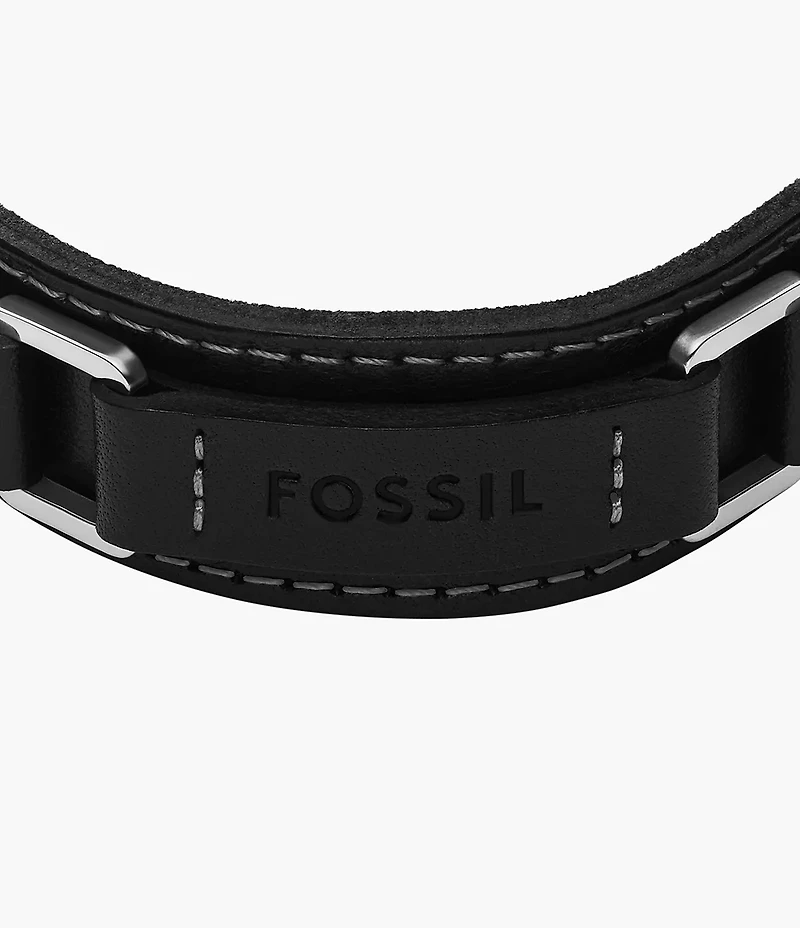 Machine Rugged Stainless Steel and Black Padded Leather Strap Bracelet
