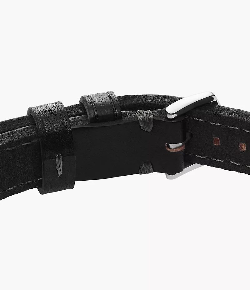Machine Rugged Stainless Steel and Black Padded Leather Strap Bracelet