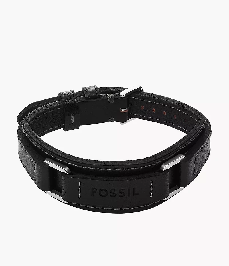 Machine Rugged Stainless Steel and Black Padded Leather Strap Bracelet