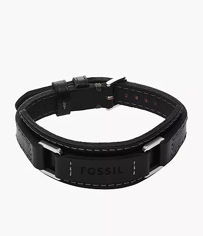 Machine Rugged Stainless Steel and Black Padded Leather Strap Bracelet
