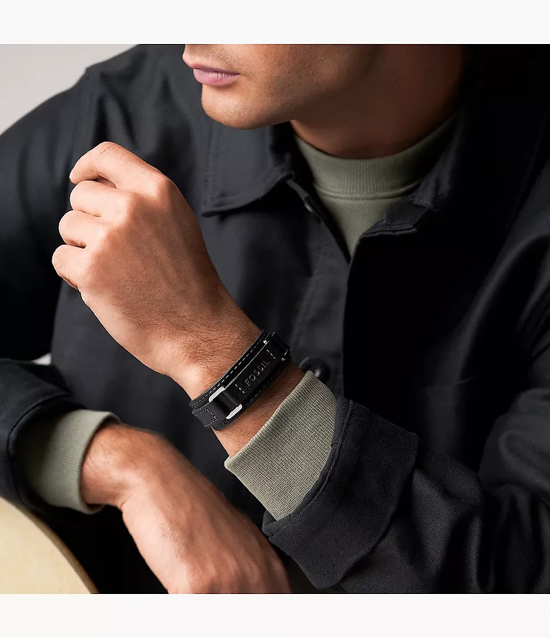 Machine Rugged Stainless Steel and Black Padded Leather Strap Bracelet