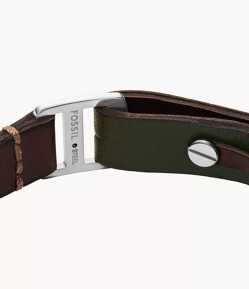 Machine Rugged Green and Brown Leather Strap Bracelet