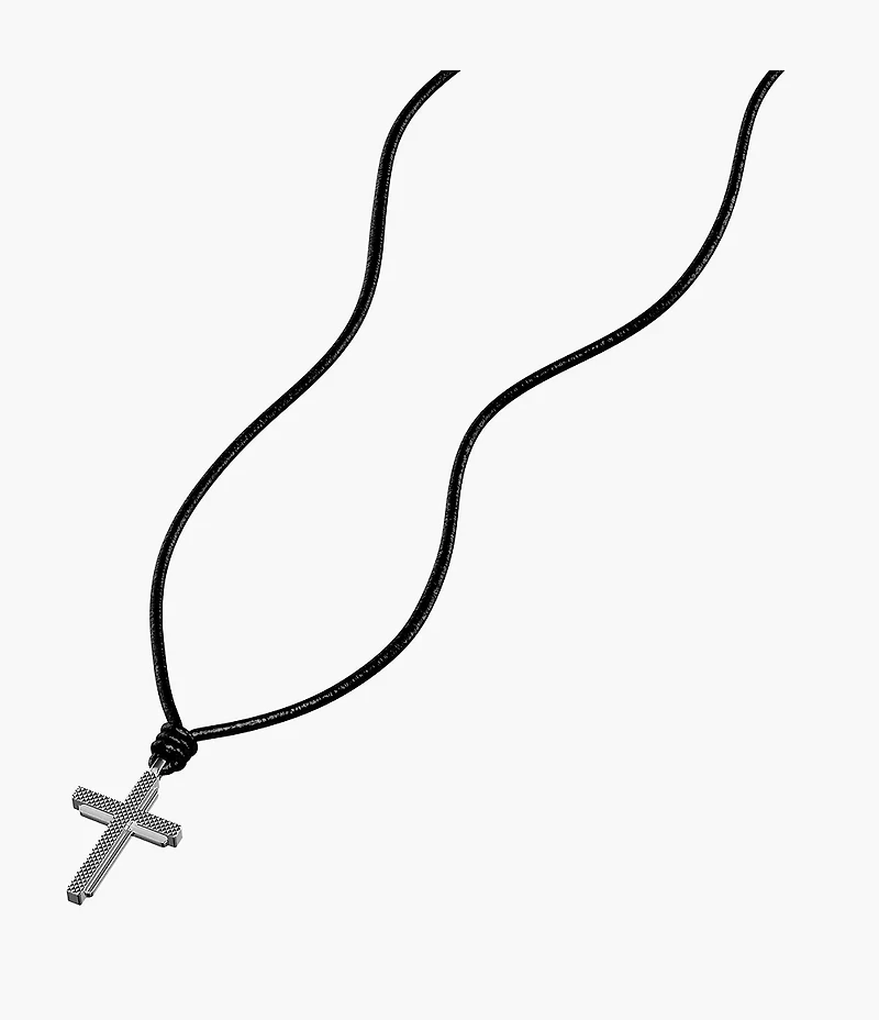 Machine Black Leather Cross Pendant Necklace