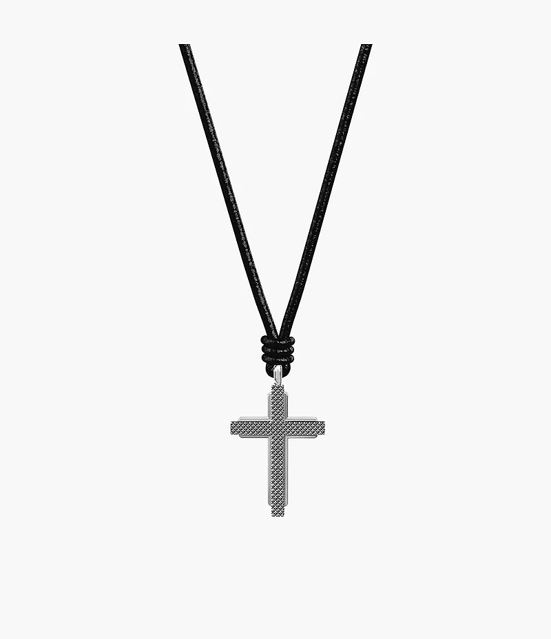 Machine Black Leather Cross Pendant Necklace