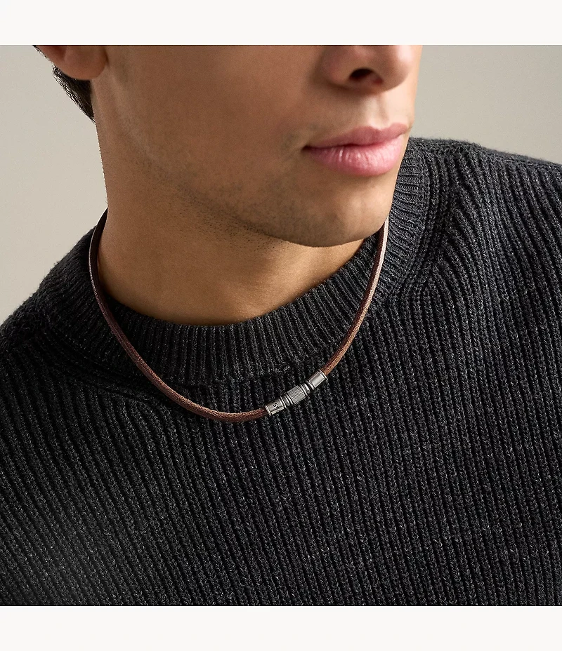 Machine Rondelles Brown Leather Station Necklace