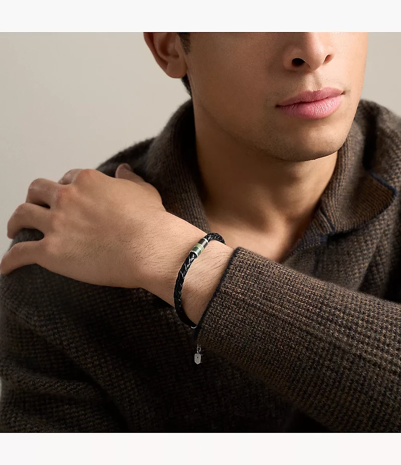 Everett Enamel Black Leather Station Bracelet