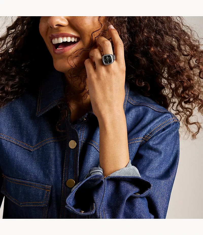 Nick Jonas x Fossil Machine Luxe Grey Vignette Two-Hand Gunmetal Stainless Steel Watch Ring
