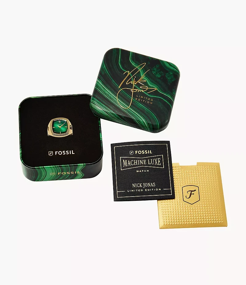 Nick Jonas x Fossil Machine Luxe Green Vignette Two-Hand Gold-Tone Stainless Steel Watch Ring