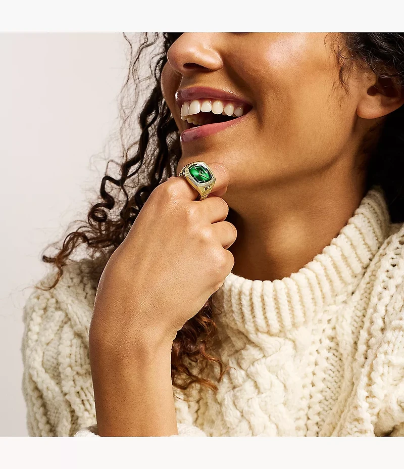 Nick Jonas x Fossil Machine Luxe Green Vignette Two-Hand Gold-Tone Stainless Steel Watch Ring