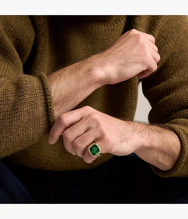 Nick Jonas x Fossil Machine Luxe Green Vignette Two-Hand Gold-Tone Stainless Steel Watch Ring
