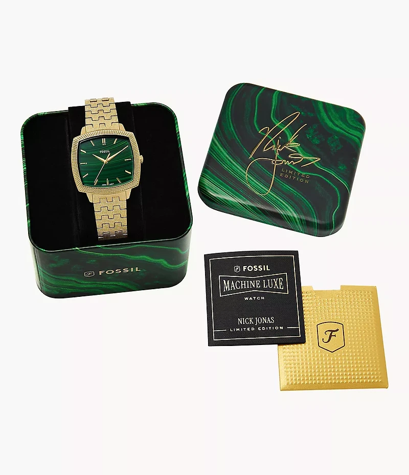 Nick Jonas x Fossil Machine Luxe Malachite Three-Hand Gold-Tone Stainless Steel Watch