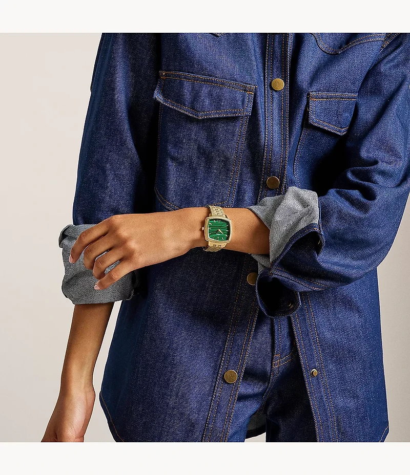 Nick Jonas x Fossil Machine Luxe Malachite Three-Hand Gold-Tone Stainless Steel Watch