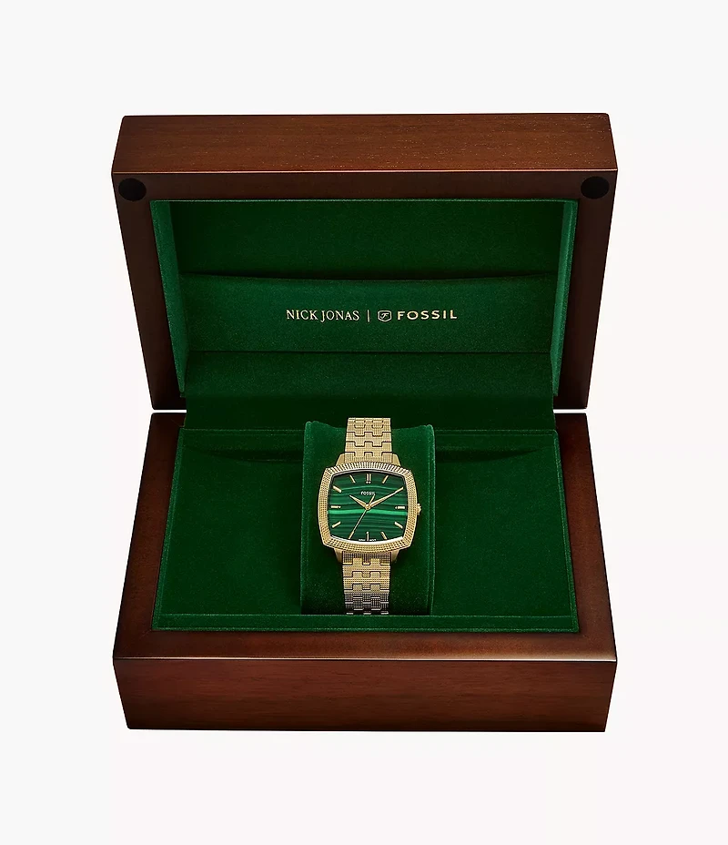 Nick Jonas x Fossil 18K Gold Plated Machine Luxe Malachite Three-Hand Stainless Steel Watch