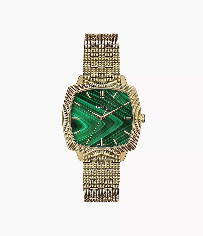 Nick Jonas x Fossil 18K Gold Plated Machine Luxe Malachite Three-Hand Stainless Steel Watch
