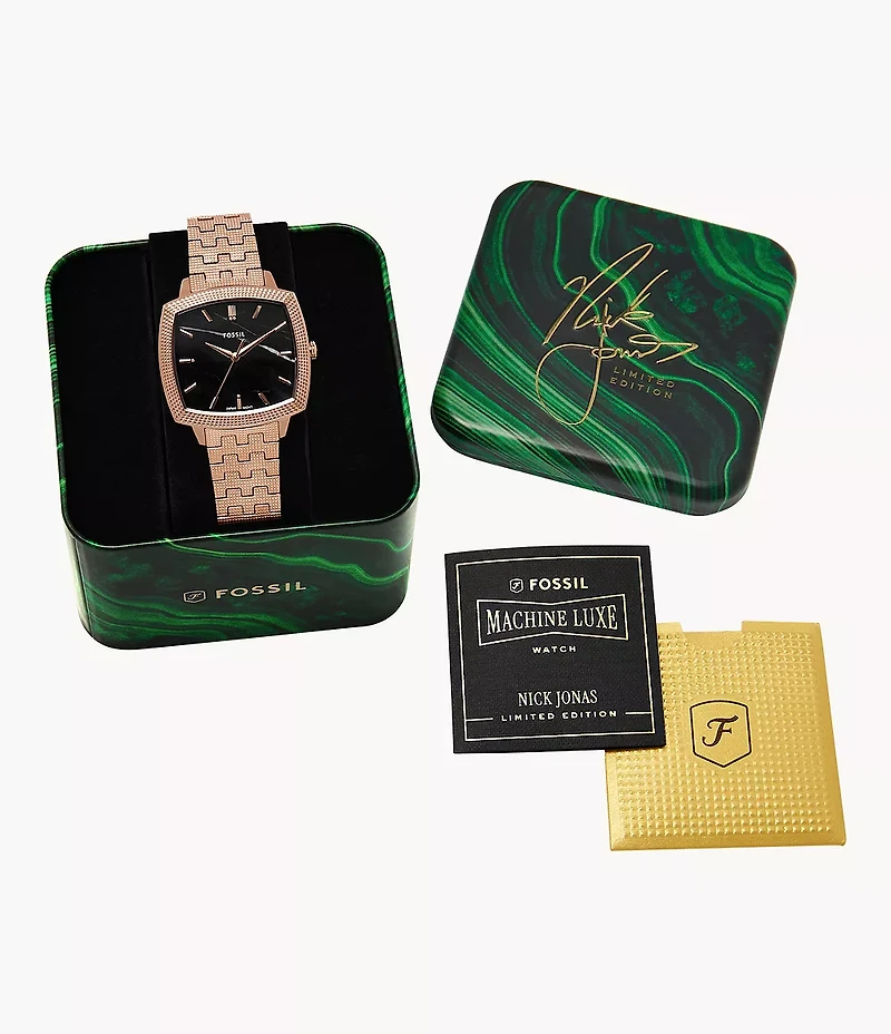 Nick Jonas x Fossil Machine Luxe Marble Three-Hand Rose Gold-Tone Stainless Steel Watch