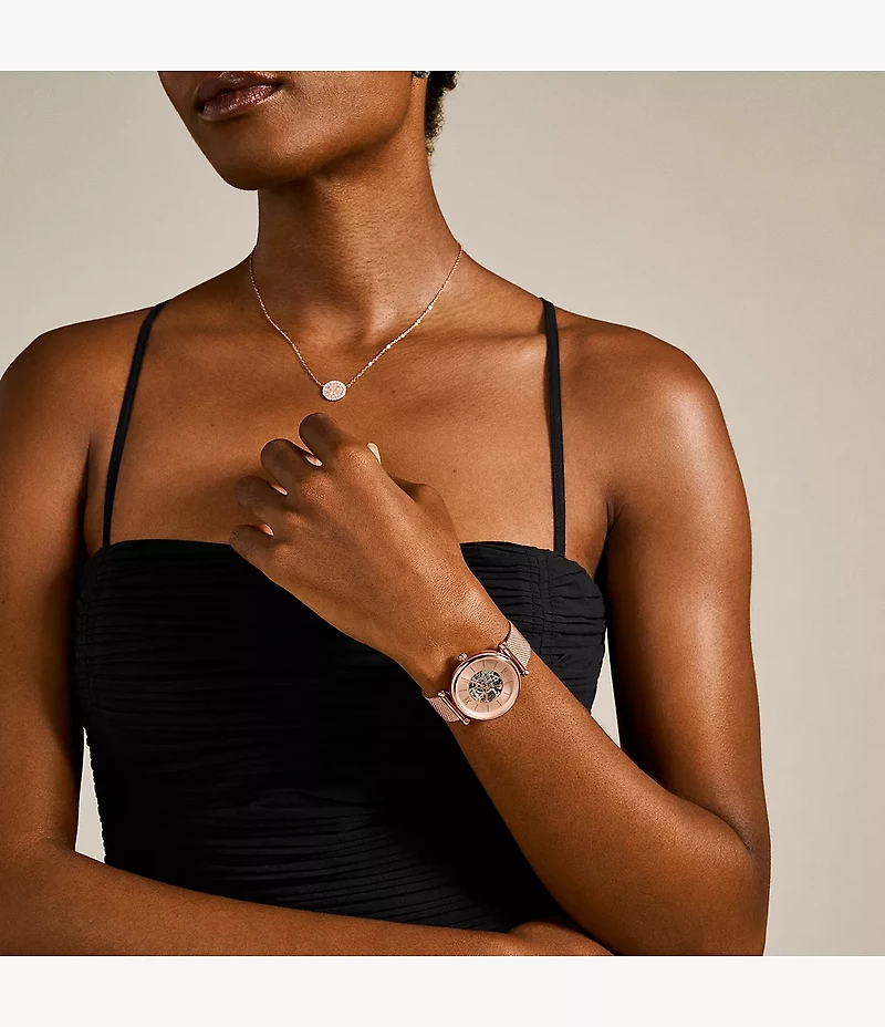 Carlie Automatic Rose Gold-Tone Stainless Steel Mesh Watch