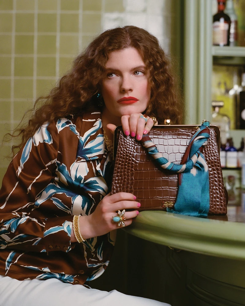 Jackie Frame Bag Croc Embossed Leather Chocolate