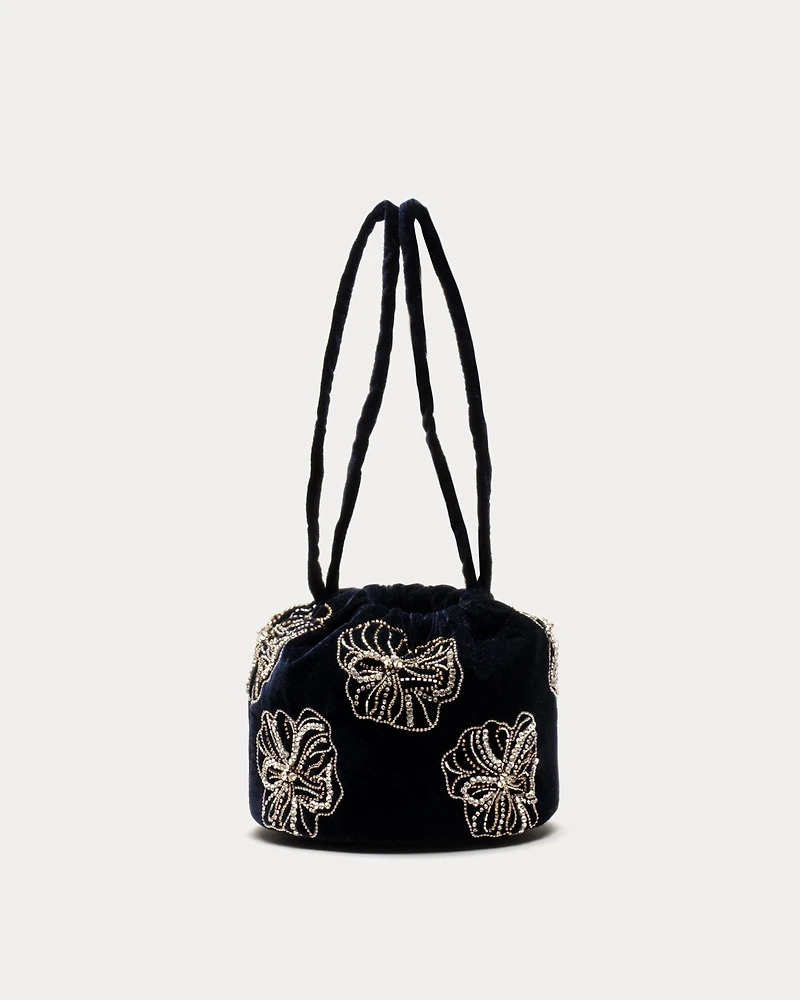 Velvet Pouf Bag Floral Embroidery