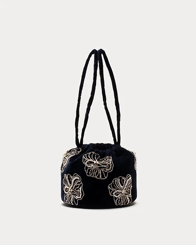Velvet Pouf Bag Floral Embroidery