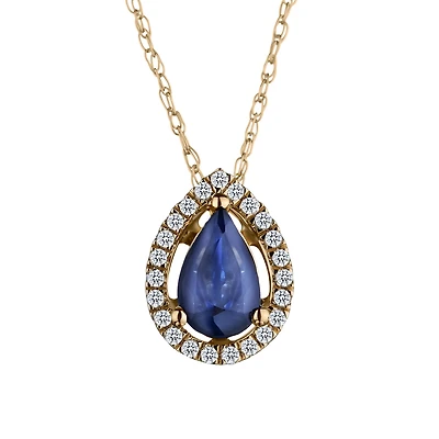 Genuine Blue Sapphire & .10 Carat Diamond Halo Pendant, 14kt Yellow Gold.....................NOW