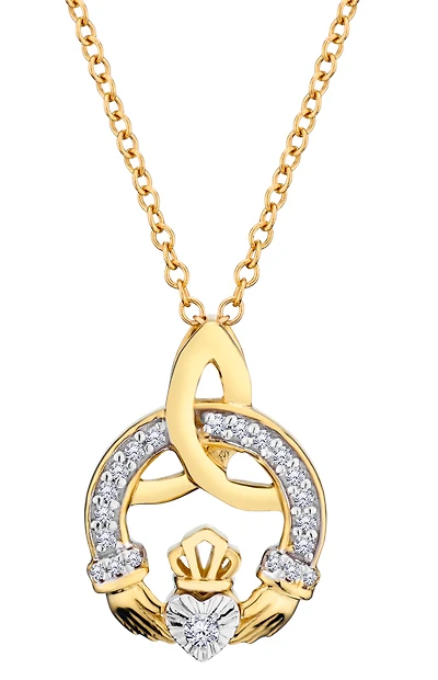 .08 Carat Of Lab Grown Diamonds "Claddagh" Pendant, 10Kt Yellow Gold