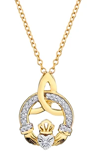 .08 Carat Of Lab Grown Diamonds "Claddagh" Pendant, 10Kt Yellow Gold