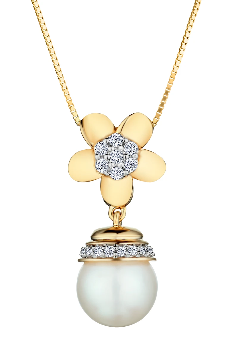 Pearl and .15 Carat of Diamonds Flower Drop Pendant, 10kt Yellow Gold.....................NOW