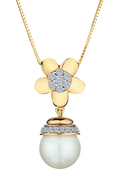 Pearl and .15 Carat of Diamonds Flower Drop Pendant, 10kt Yellow Gold.....................NOW