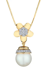 Pearl and .15 Carat of Diamonds Flower Drop Pendant, 10kt Yellow Gold.....................NOW