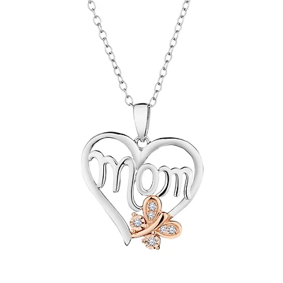 .06 Carat of Diamonds "MOM" Heart & Butterfly Pendant, Silver (Rose Gold Plated).....................NOW