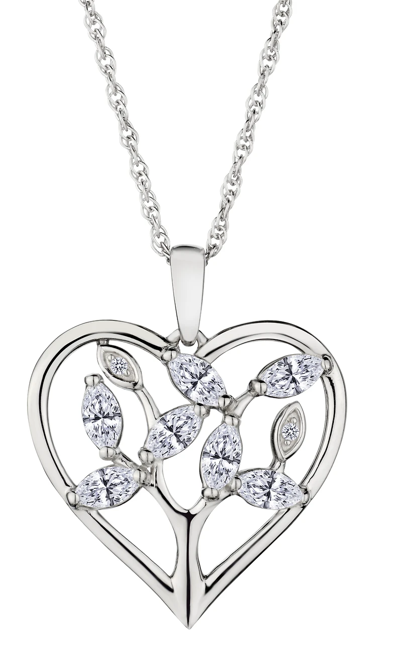 Created White Sapphire "Tree of Life" Heart Pendant, Silver