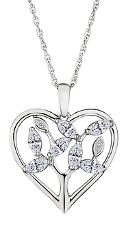 Created White Sapphire "Tree of Life" Heart Pendant, Silver