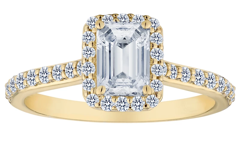 1.00+ Carat Of Lab Grown Diamonds "Emerald" Cut Halo Ring, 10kt Yellow Gold.....................NOW